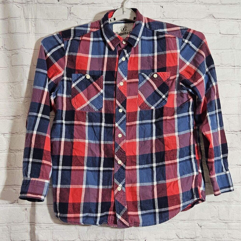 Roebuck & Co Plaid Flannel Button Down Shirt Men's Size L 100% Cotton Red Blue